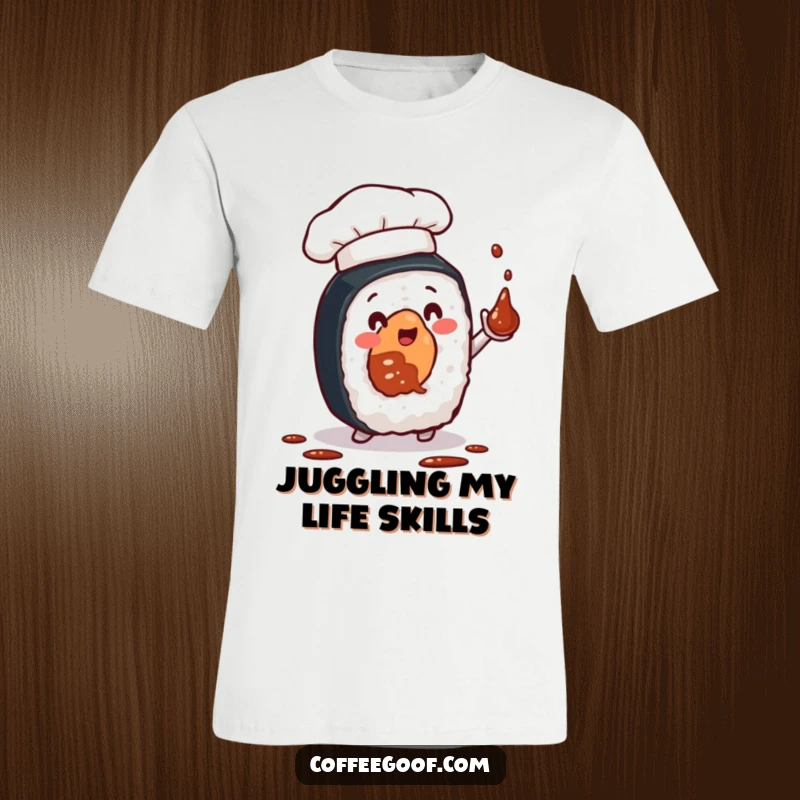 Funny t-shirt showcasing a sushi roll wearing a chef hat, energetically juggling soy sauce bottles, a delightful and comical foodie graphic.