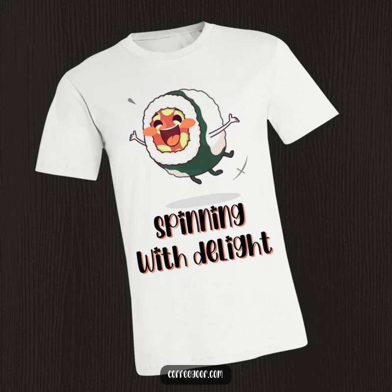 Funny Sushi Roll T-Shirt: Excited sushi roll character doing a wobbly spin, showcasing food fun and personality.