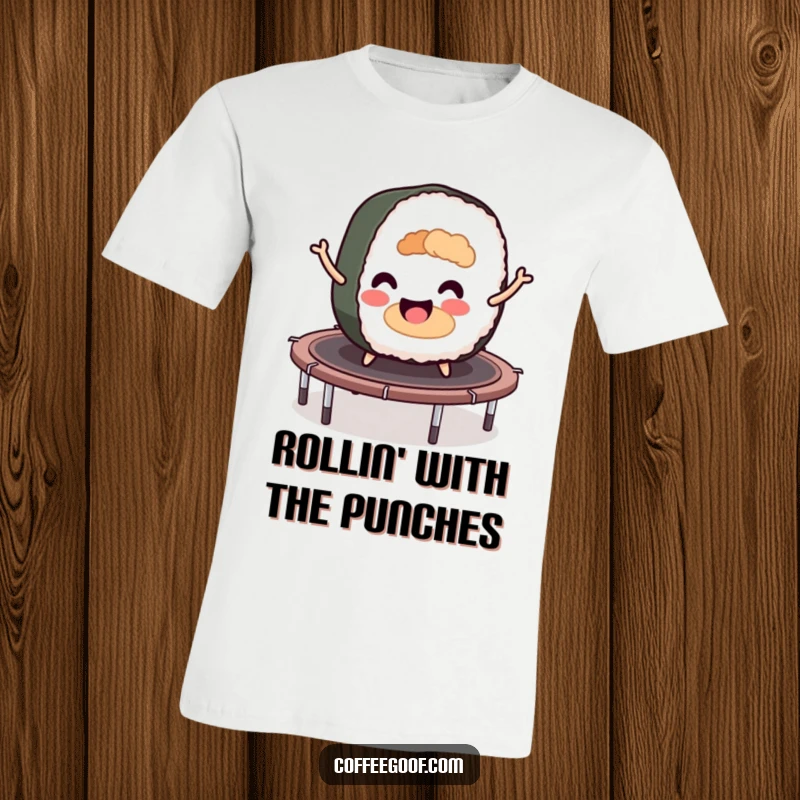 Funny sushi roll character energetically bouncing on a trampoline, radiating pure joy and playful movement.