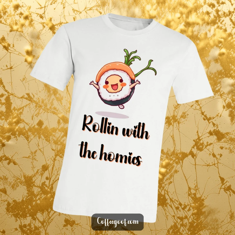 Funny Sushi T-Shirt: A sushi roll character in mid-cartwheel, adorned with a seaweed flourish, exuding pure joy.