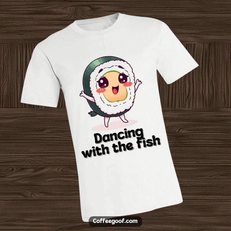 Funny sushi t-shirt, a delighted cartoon sushi performing a silly dance, representing fun, Japanese cuisine, and energetic celebration.