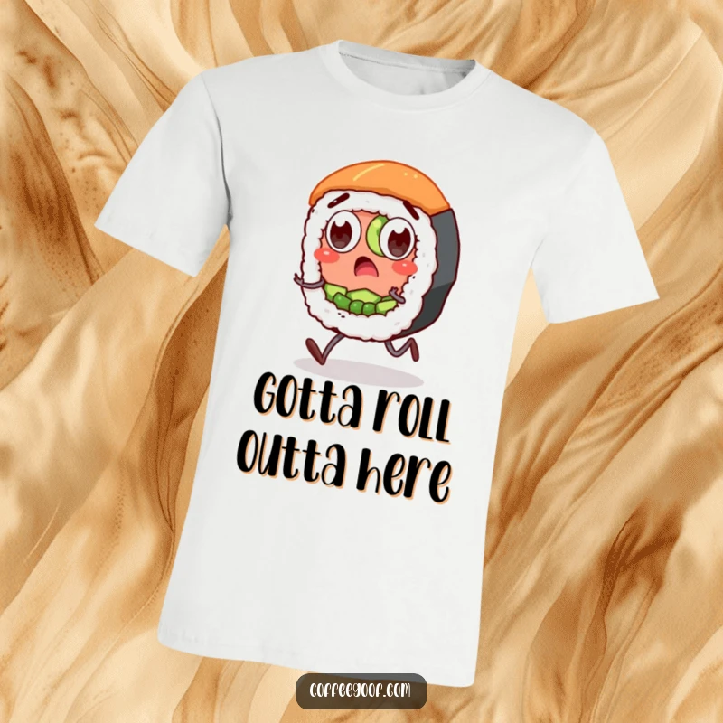 Funny Sushi T-Shirt: A surprised sushi roll character with wide eyes and stubby legs depicted mid-shuffle, a humorous wearable art piece.