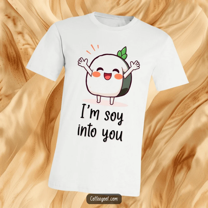 Funny Sushi T-Shirt showcasing a smiling anthropomorphic sushi piece with outstretched arms, performing a cheerful wave.