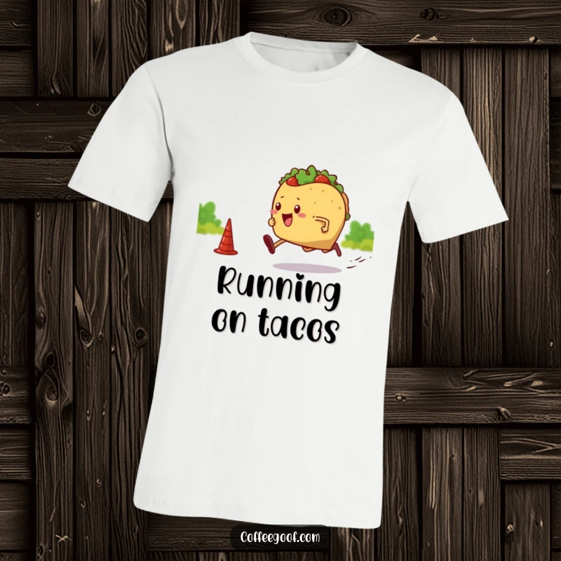 Funny t-shirt graphic of a determined taco with legs, sprinting towards a finish line. Humorous apparel for foodies and fitness enthusiasts.