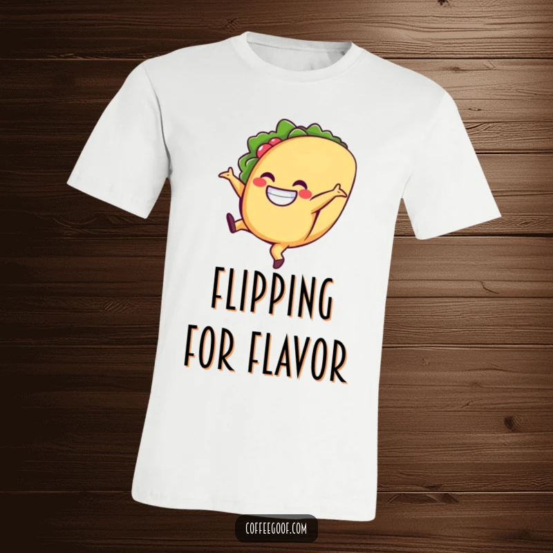 Funny taco t-shirt, a grinning cartoon taco performing a cartwheel, representing fun, Mexican cuisine, and energetic celebration.