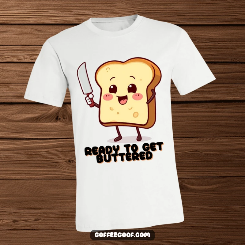 Funny toast character with a butter knife, enthusiastically waving on a soft cotton t-shirt, a humorous breakfast graphic tee