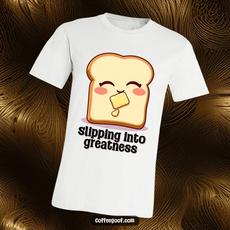 Funny T-Shirt showing a cheeky winking toast with butter mid-slide, symbolizing playful chaos and breakfast fun for a great funny gift.