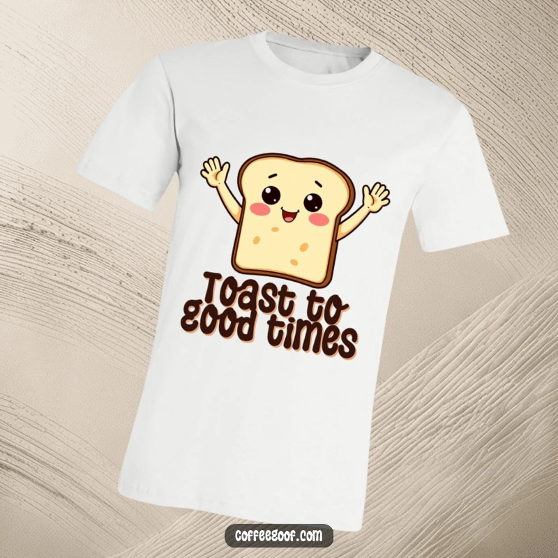 Funny toast character with arms enthusiastically waving, printed on a t-shirt for cheerful wear.