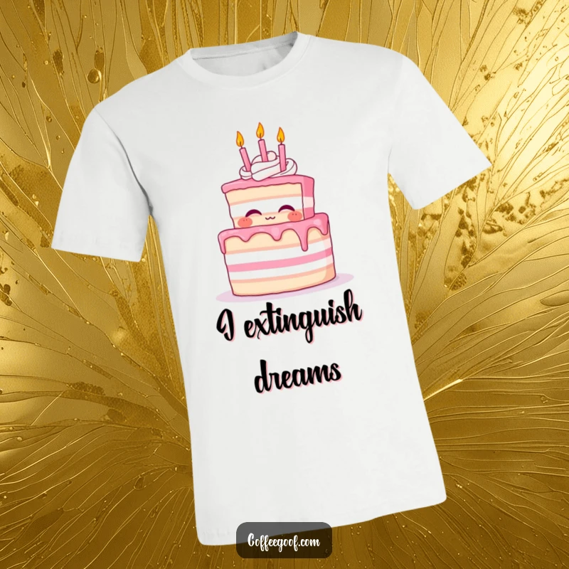 Funny Cake T-Shirt showcasing a proud cake character delightedly blowing out small whimsical candles on its special day.