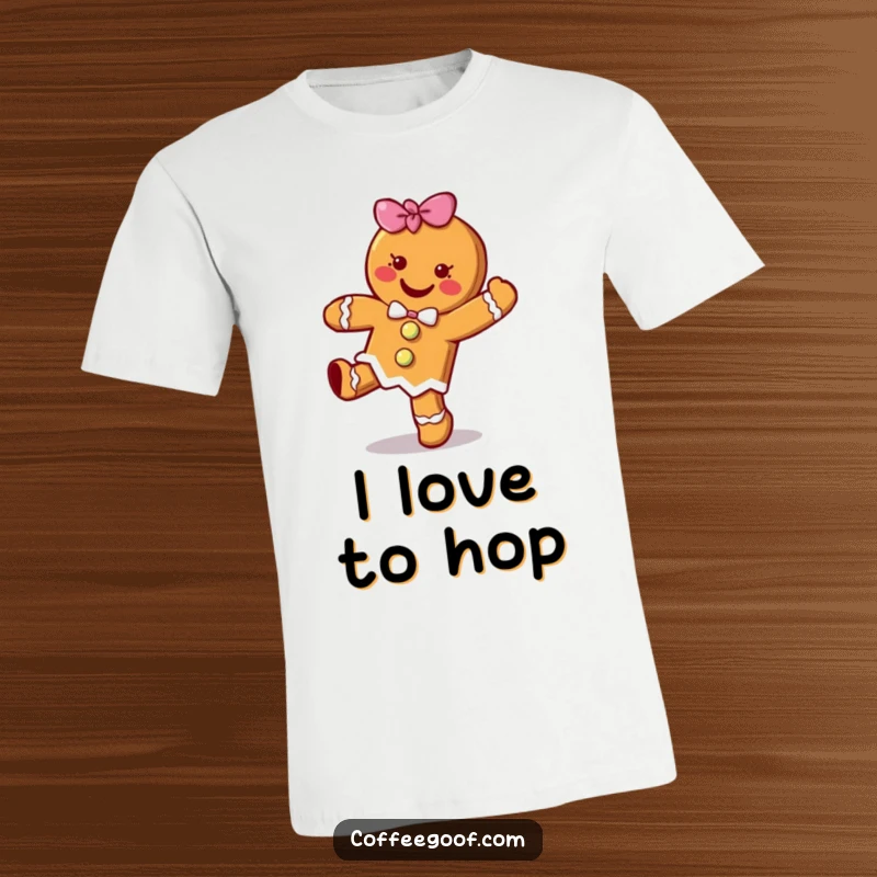 Funny cheerful gingerbread cookie character doing a happy little hop on a soft cotton t-shirt, a festive graphic tee