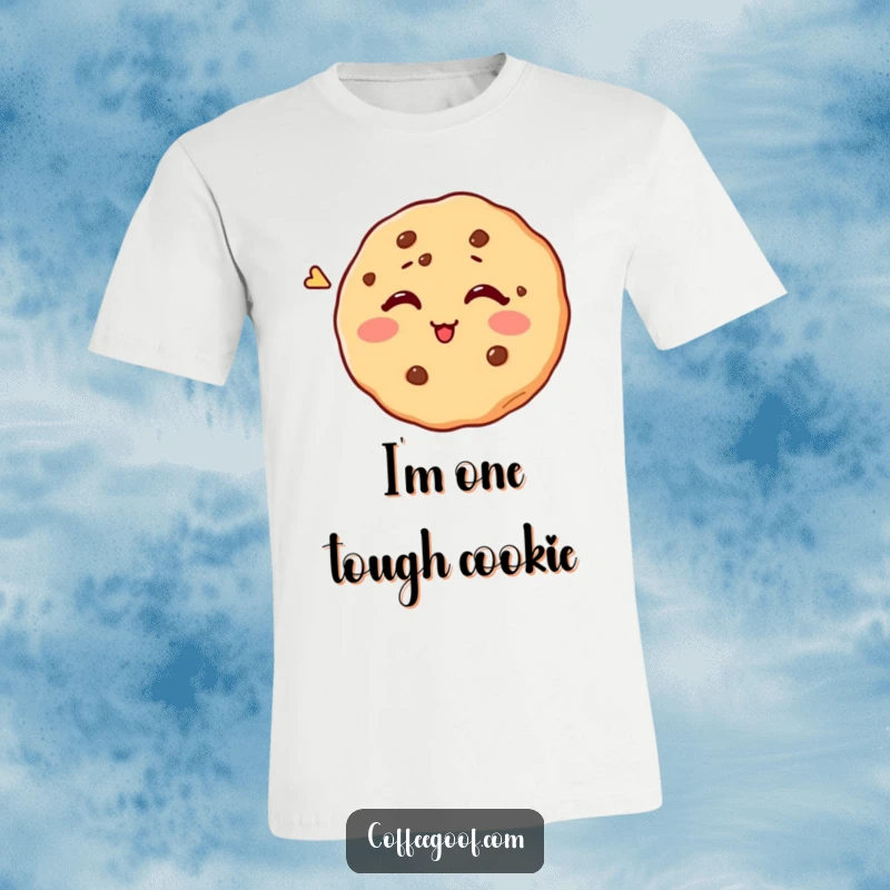 Funny T-shirt graphic of a cute cookie with a mischievous expression, attempting to wink but looking endearingly confused.