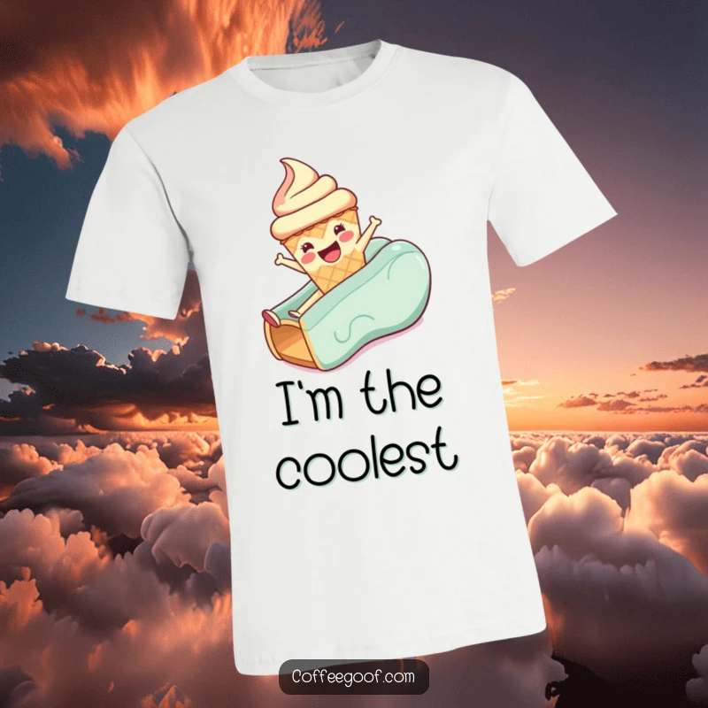 Funny T-shirt featuring a cheerful anthropomorphic ice cream cone enjoying a thrilling, joyful slide down a rainbow.