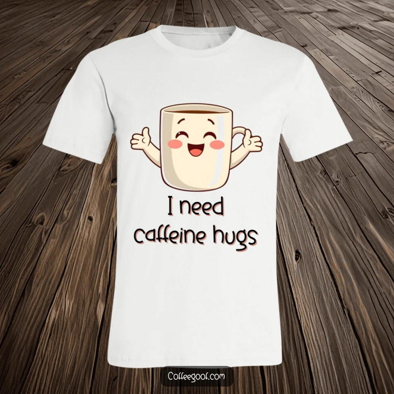Funny t-shirt graphic of a smiling coffee mug extending its arms for a hug, spreading joy and warmth. Ideal apparel for coffee enthusiasts and hug lovers.