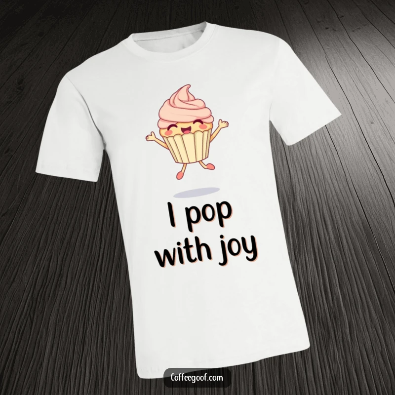 Funny Cupcake T-Shirt showcasing a delighted anthropomorphic cupcake in a bubbly, energetic jump, perfect for cheerful wear.