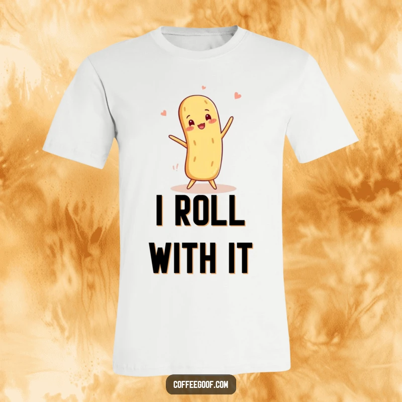 Funny Baguette T-Shirt showcases a smiling anthropomorphic baguette in a daring, playful balancing act, perfect for foodies.