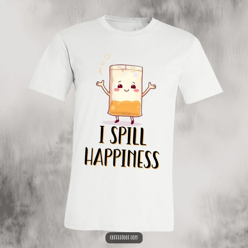 Funny Teabag T-Shirt showcasing a whimsical anthropomorphic teabag dancing with steam, radiating happiness and fun.