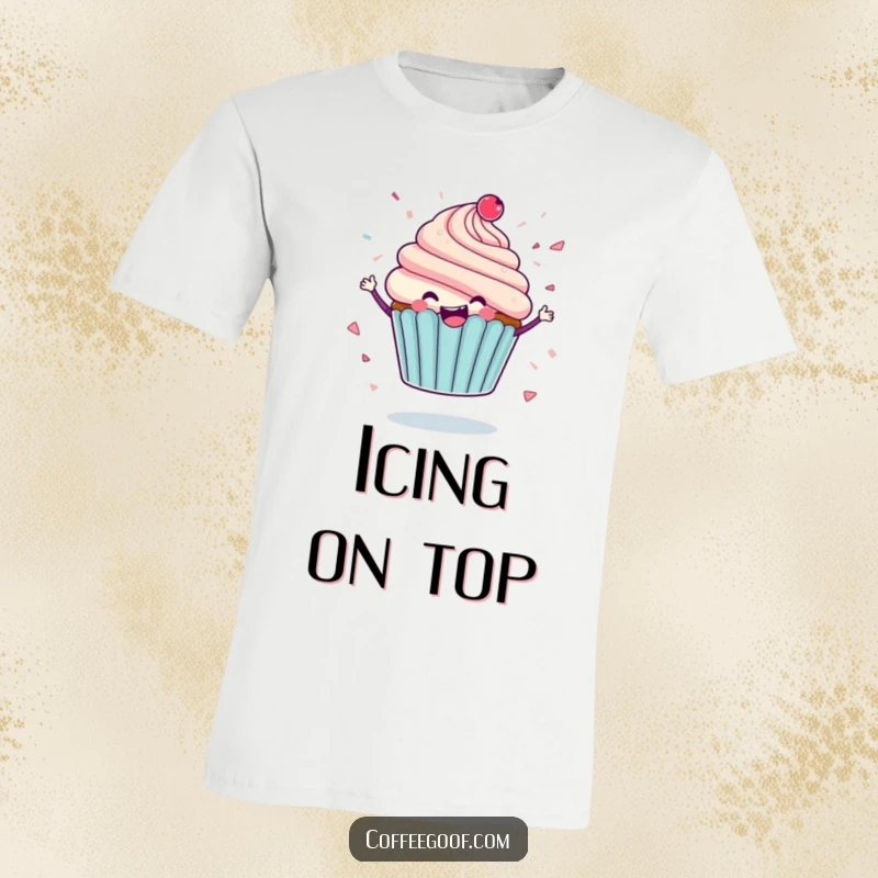 Funny t-shirt with a delighted cupcake character spinning, icing flying like confetti, expressing pure joy and fun for a gift.
