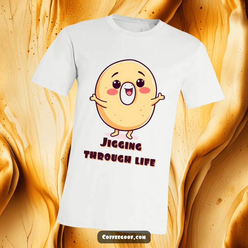 Funny bagel t-shirt, a smiling cartoon bagel performing a cheerful jig, representing fun and a love for breakfast.