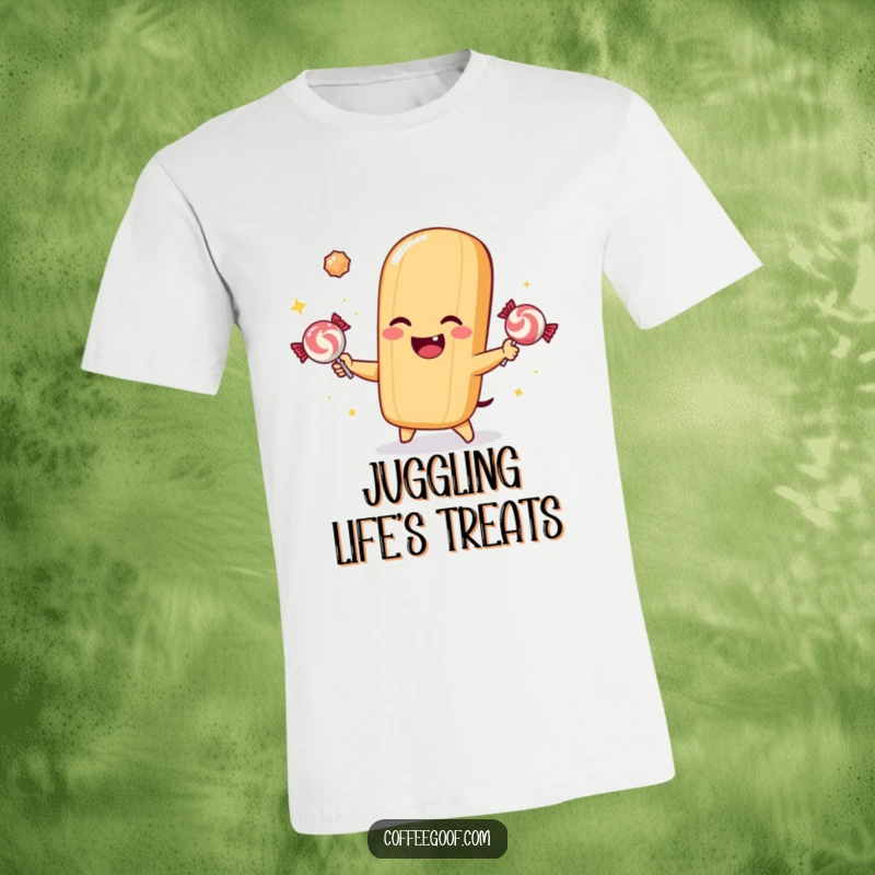 Funny t-shirt depicting a winking baguette character juggling brightly colored, sparkling candies with flair.