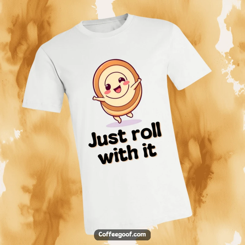 Funny cinnamon roll t-shirt, a happy cinnamon roll character doing a playful spin, sweet and delightful graphic.
