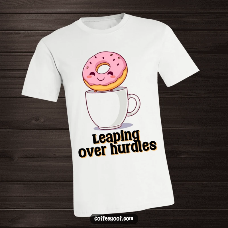 Funny t-shirt illustrating a happy donut making a spectacular leap over a steaming mug, a vibrant and amusing food design.