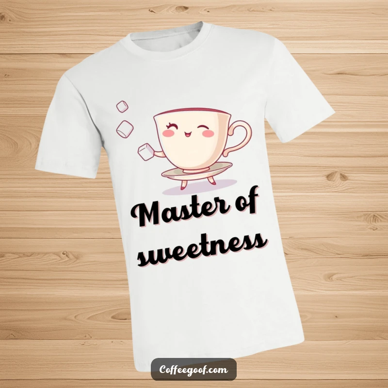 Funny Teacup T-Shirt featuring a winking character juggling sugar cubes, perfect for tea enthusiasts.