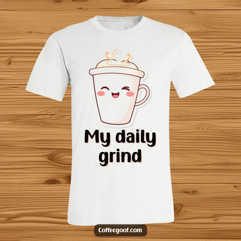 Funny Winking Coffee Cup T-Shirt featuring a smiling cartoon coffee cup with a playful wink, perfect for casual wear and coffee enthusiasts.