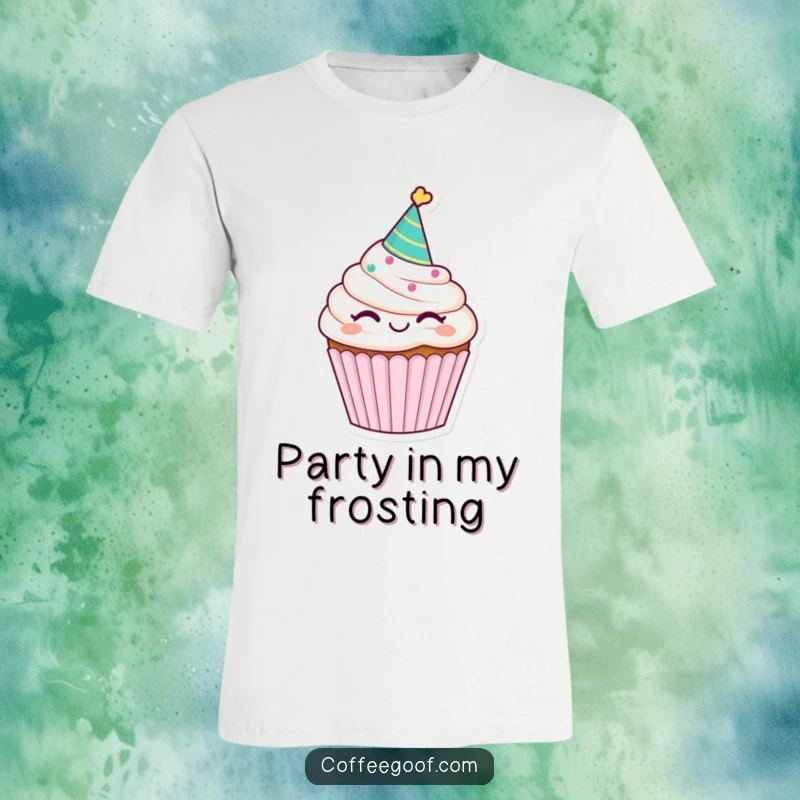 Funny winking cupcake t-shirt, wearing a party hat, embodying a cheerful and celebratory vibe, great for parties.