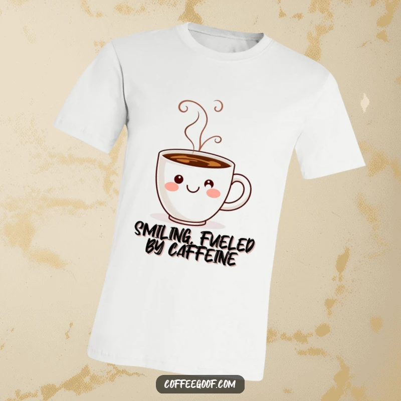 Funny coffee cup with steam forming a smiley face, printed on a tee for casual, cheerful wear.