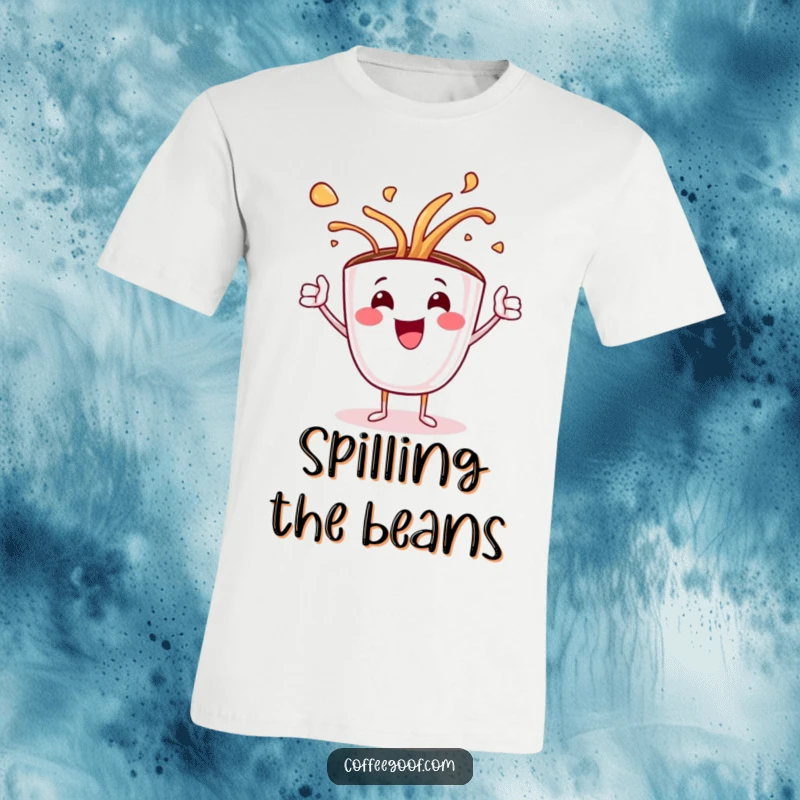 Funny t-shirt featuring a jubilant coffee cup character in mid-spill, artfully splashing hot liquid and a flair of creativity.