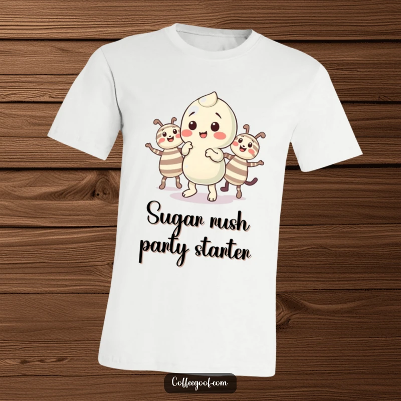 Funny Candy Dance T-Shirt with a playful candy character performing a little jig alongside its striped companions.