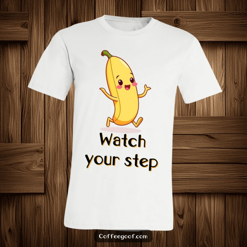 Funny T-shirt graphic of a smiling banana peel performing a classic Monty Python-esque silly walk with great enthusiasm.