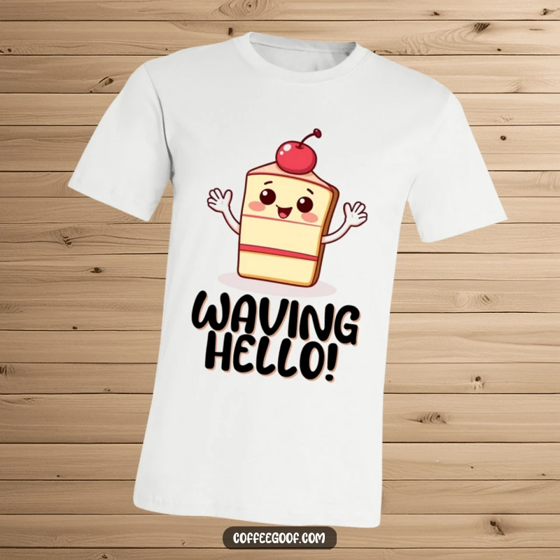 Funny t-shirt graphic of a happy slice of cake with a cherry, waving energetically. Sweet and playful apparel for dessert lovers.