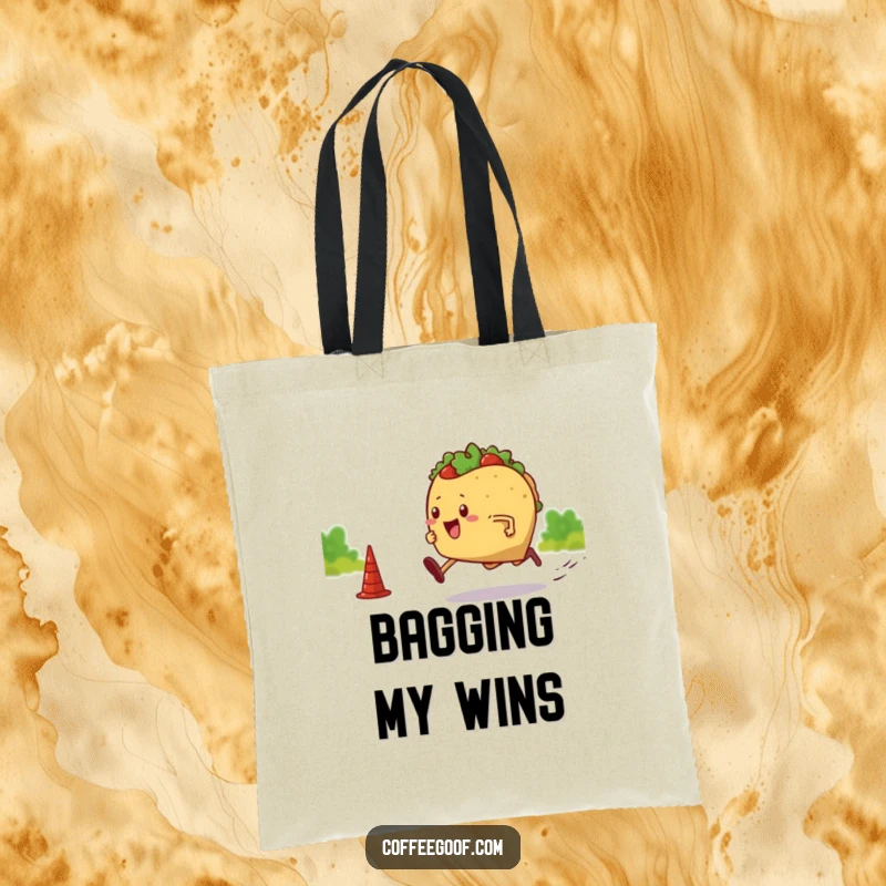 Funny tote bag design of a taco with legs sprinting towards a finish line. A humorous and practical accessory for carrying goods.
