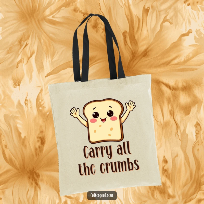 Funny toast character with arms enthusiastically waving, depicted on a durable tote bag for cheerful use.