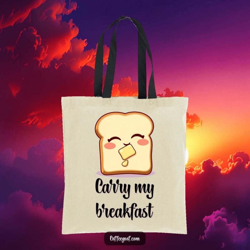 Funny Tote Bag with a winking toast and sliding butter, perfect for carrying necessities with a humorous breakfast theme as a funny gift.