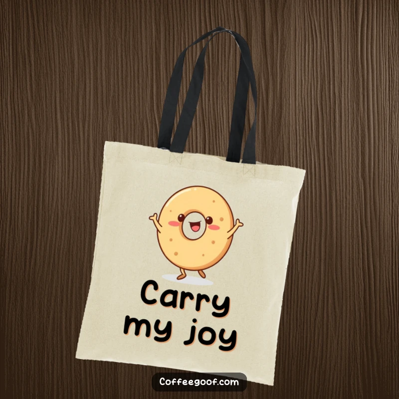 Funny Bagel Tote Bag showcasing a happy bagel character doing a jig, perfect for carrying groceries or treats.