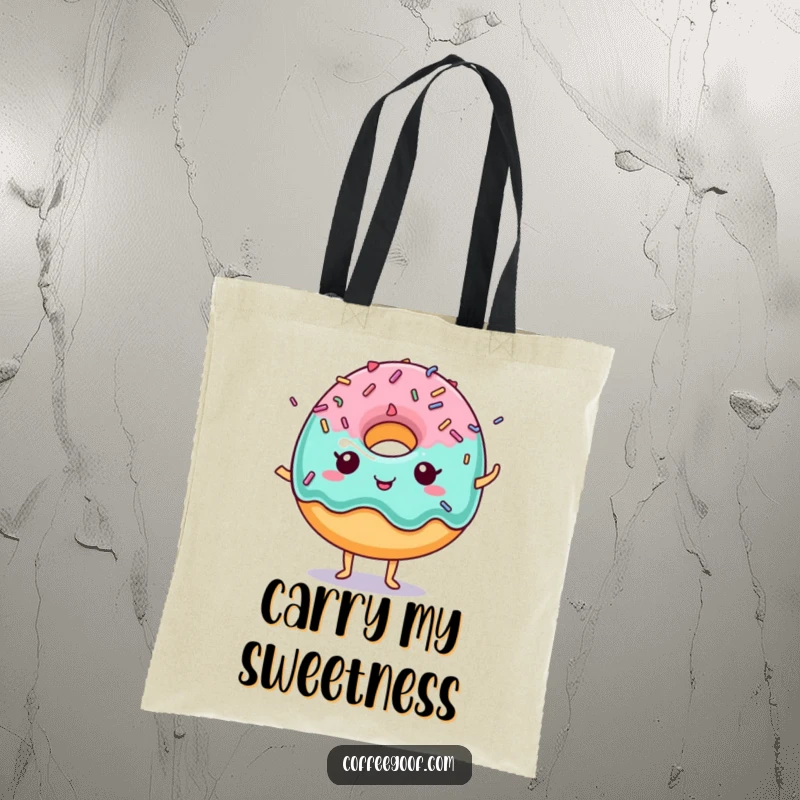 Funny Donut Tote Bag showcasing a delightful donut with energetic dancing sprinkles, perfect for everyday use.
