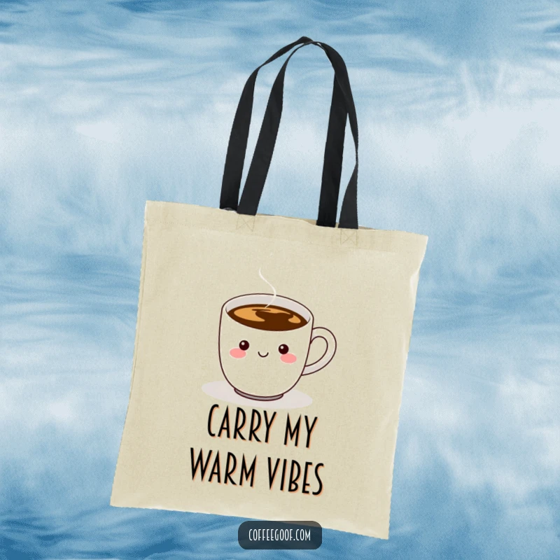 Funny tote bag depicting a cheerful coffee cup character with steam and a comically wiggling handle, great for everyday use.
