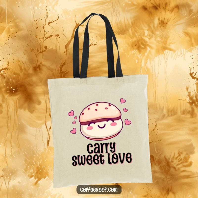 Funny smiling macaroon character with tiny hearts floating around it on a durable tote bag, a cute and practical cartoon accessory