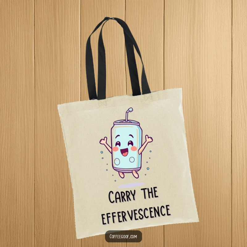 Funny soda can tote bag, captured in a dynamic leaping pose, radiating bubbly excitement and playful energy.