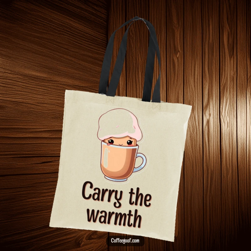 Funny cup of cocoa character wearing a whimsical marshmallow hat on a durable tote bag, a cozy and functional cartoon accessory