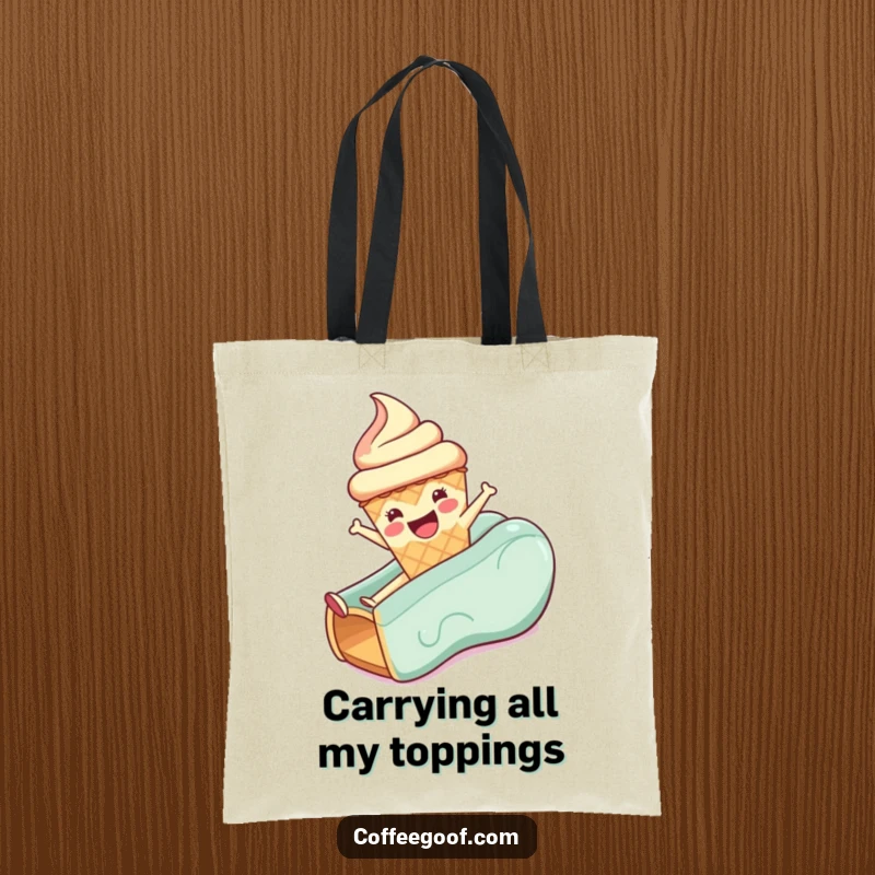 Funny tote bag decorated with a happy anthropomorphic ice cream cone executing a joyful slide, perfect for carrying treats.