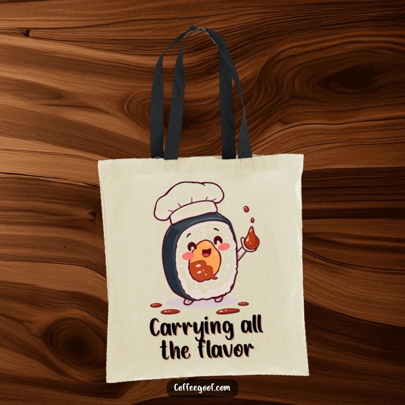 Funny tote bag depicting a sushi roll in a chef hat, amusingly juggling soy sauce bottles, perfect for carrying groceries or daily items.