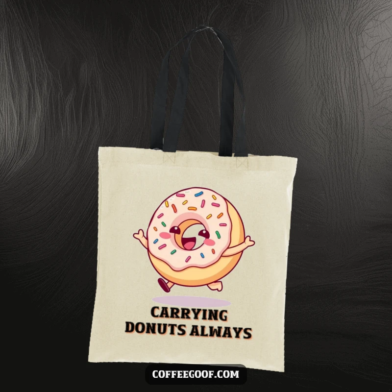 Funny donut character with bouncing sprinkles hopping on a durable tote bag, a humorous and sweet accessory for everyday use.