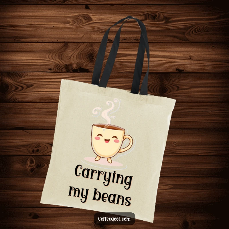 Funny Coffee Cup Tote Bag showcasing a smiling character with fun steam swirls, ideal for daily use.
