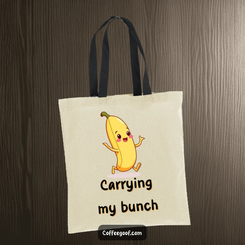 Funny tote bag decorated with a cheerful banana peel performing a distinctive silly walk, ready for all your needs.
