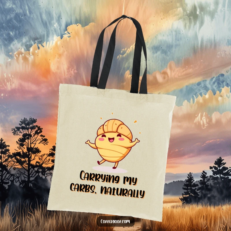 Funny tote bag showcasing a gleeful croissant with sprinkles in mid-dance, a portable piece of pastry-inspired happiness.