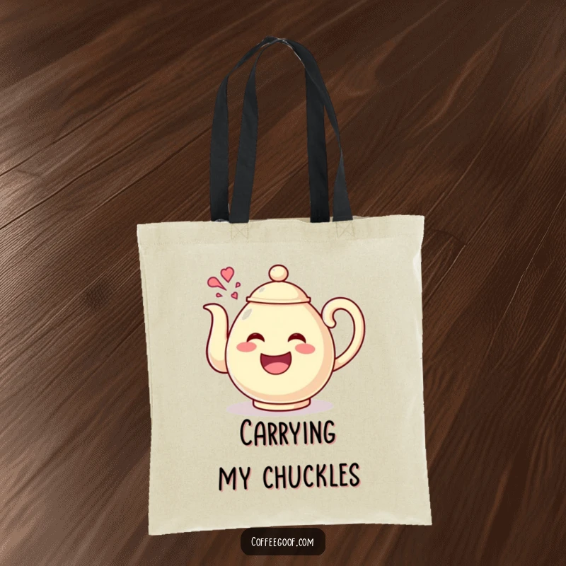 Funny Teapot Giggles Tote Bag featuring a happy teapot character pouring out giggles, ideal for carrying essentials with a touch of infectious humor.