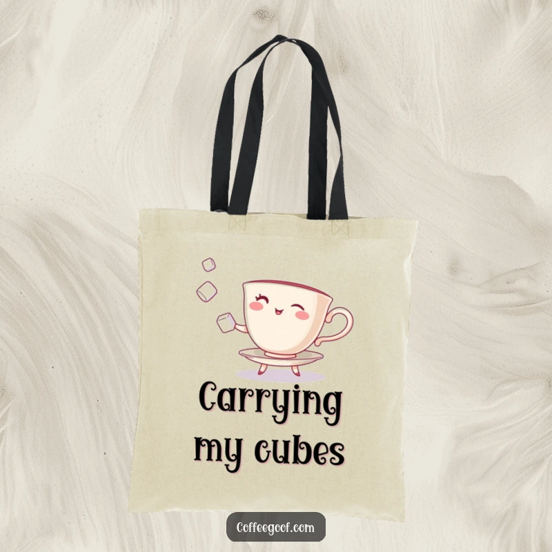 Funny Teacup Tote Bag showcasing a winking character juggling sugar cubes, perfect for carrying tea essentials.